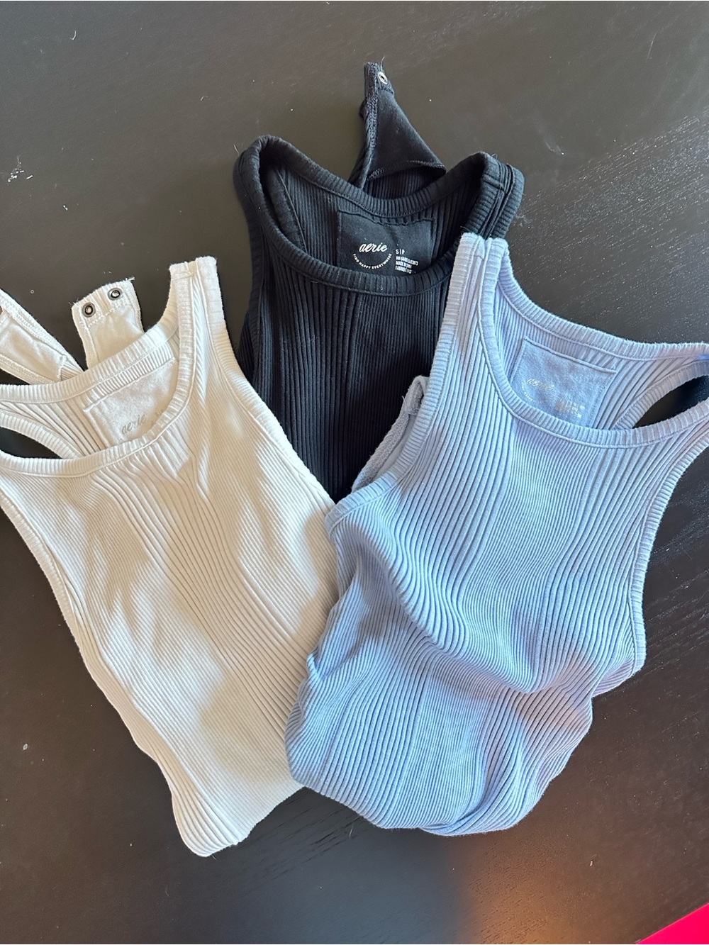 3 aerie  Ribbed bodysuits — Black, Light Blue, white
